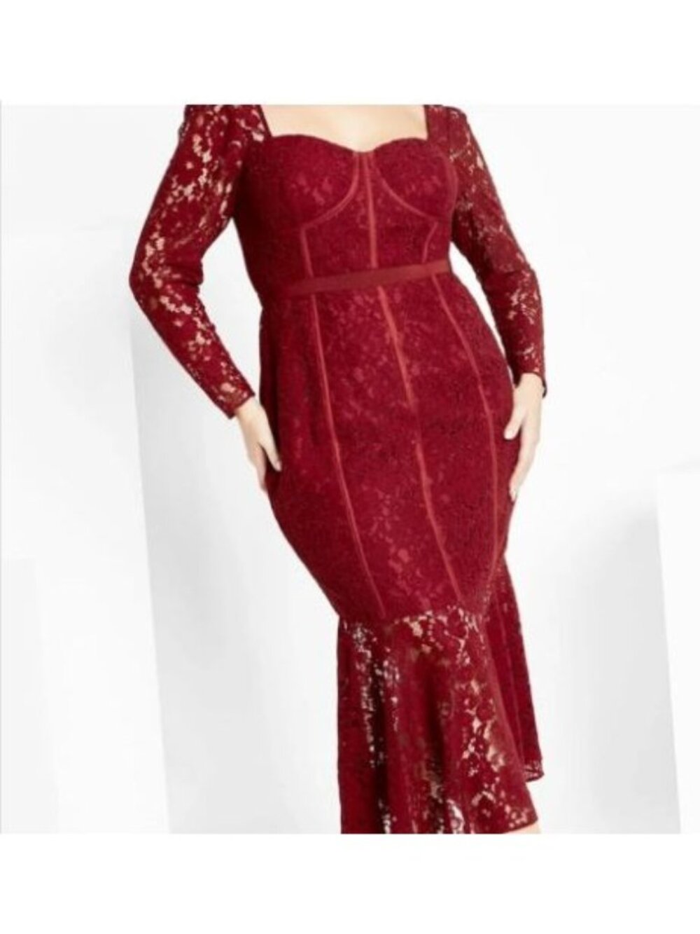 City Chic Burgundy Red Lace Midi Mermaid Corset Bodycon Long Sleeve Dress Sz 18